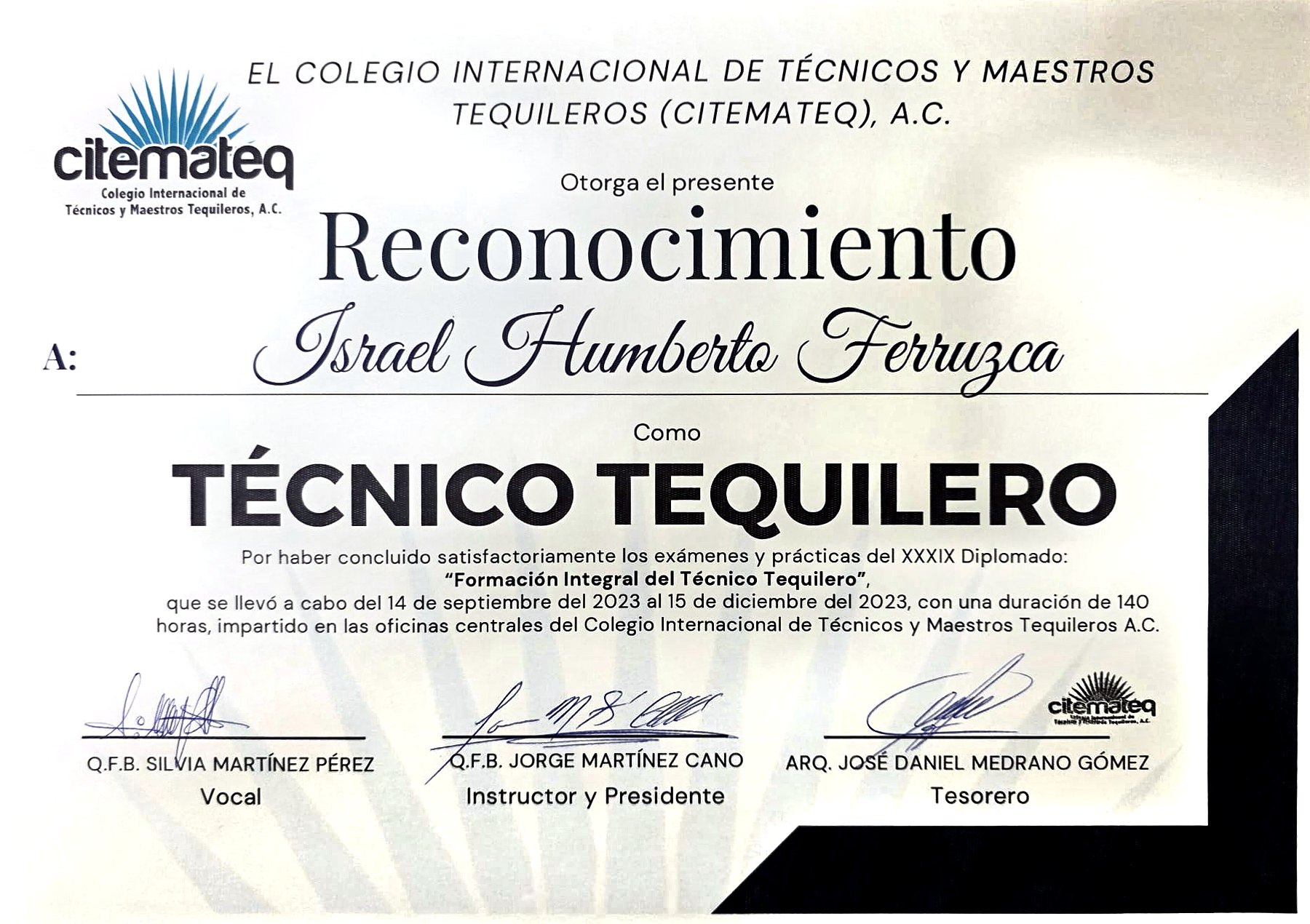 Reconocimiento como Técnico Tequilero, CITEMATEQ, A.C.